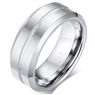 Bague homme tungstene � bandeau bross� avec sillon