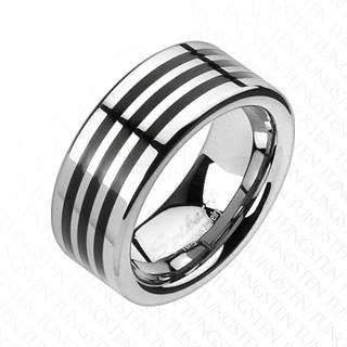 Bague homme en tungst�ne poli et argent� travers�e de trois bandes noires