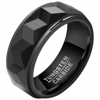Bague homme tungstene noir � reliefs cubes