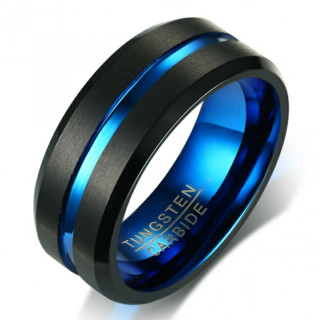 Bague homme tungstene noire � sillon bleu