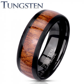 Bague homme tungstene noire � bandeau bois