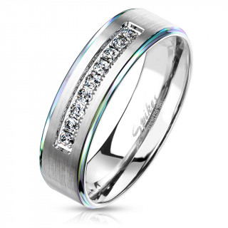 Bague mixte acier � bandeau bross� serti et bords arc en ciel