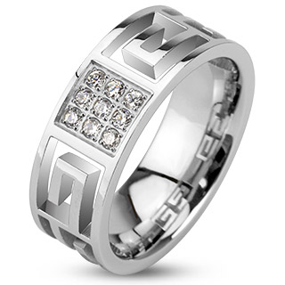 Bague mixte acier style labyrinthe et carr� de pierres