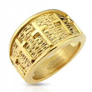 Bague mixte dor�e en acier avec pourtour de croix