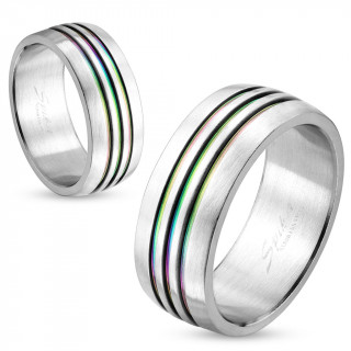 Bague mixte en acier argent� avec trio de rainures arc en ciel