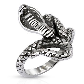 Bague homme en acier noici avec cobra agressif