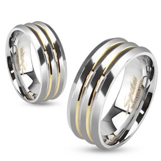 Bague homme en acier travers�e de 2 rainures dor�es