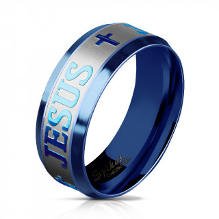 Bague mixte en acier bleu � croix et "JESUS" grav�s