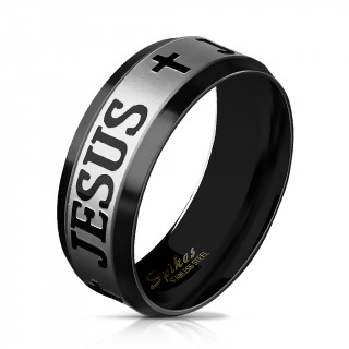 Bague mixte en acier noir � croix et "JESUS" grav�s