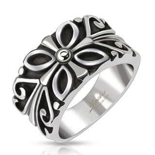 Bague homme en acier noirci � reliefs floraux
