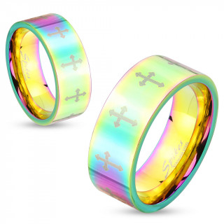 Bague mixte en acier teint� arc en ciel avec croix