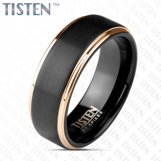 Bague mixte en Tisten � bandeau bross� noir et bords cuivr�s