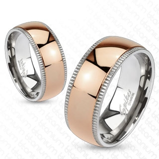Bague mixte titane � bande cuivr�e et bords rainur�s