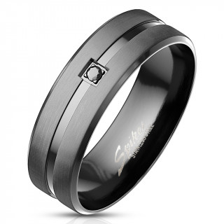 Bague noire homme acier � rainure sertie