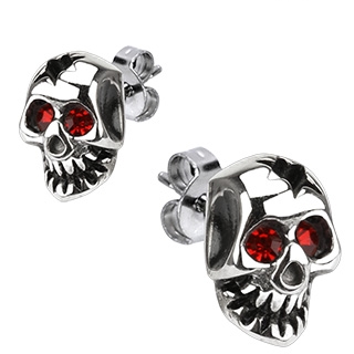 Boucles d'oreilles acier � t�te de mort creus�e et yeux rouges