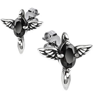 Boucles d'oreilles acier croix ail�es � pierre noire
