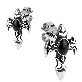Boucles d'oreilles acier croix tribales � onyx ovale