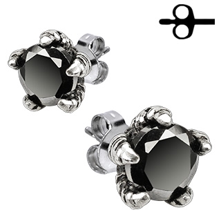Boucles d'oreilles acier griffes � pierre noire