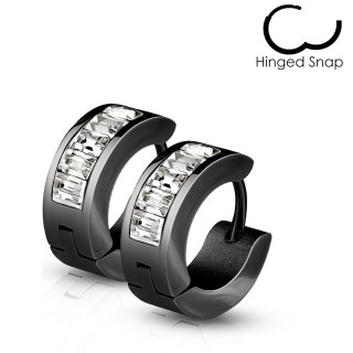 Boucles d'oreilles homme noires en acier � lignes de cristaux (paire)