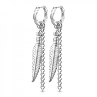 Boucles d'oreille acier inox � pendentifs plume et chainette (paire)