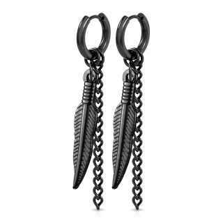 Boucles d'oreille acier noires � pendentifs plume et chainette (paire)