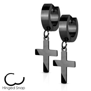 Boucles d'oreille noires acier � pendentif croix