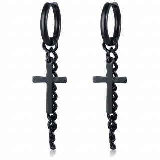 Boucles d'oreilles acier � croix et cha�ne noires (Paire)