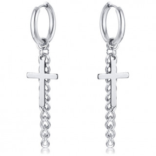 Boucles d'oreilles acier � croix et cha�ne (Paire)