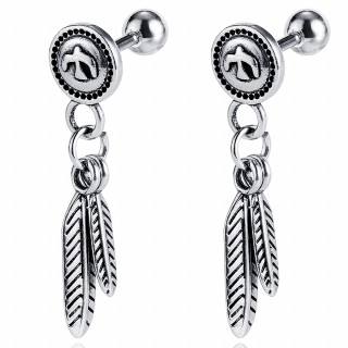 Boucles d'oreilles barbell vintages � plume en acier (Paire)