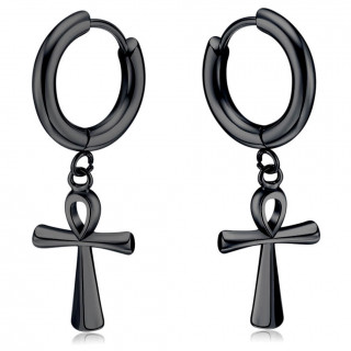 Boucles d'oreilles homme noires � croix �gyptienne Ankh en acier (paire)