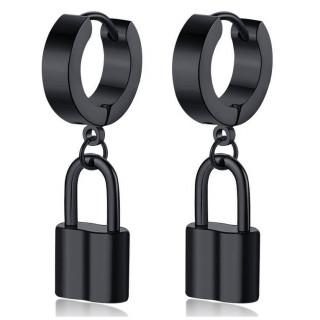 Boucles d'oreilles noires cr�oles en acier � cadenas (Paire)