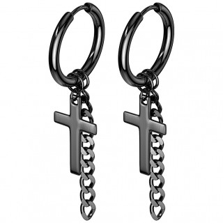Boucles d'oreilles noires en acier � croix latine et chaine suspendues