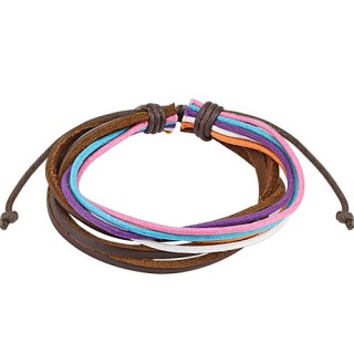 Bracelet � lani�res de cuir marron et lacets arc en ciel