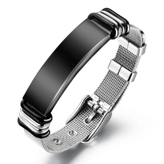 Bracelet acier style ceinture en mailles tiss�e � plaque noire