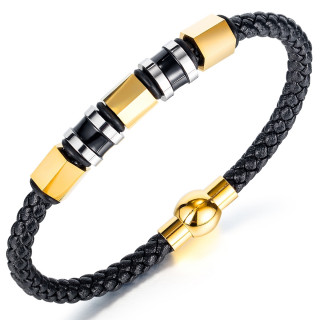 Bracelet � cylindres bicolores et perles hexagonales dor�es