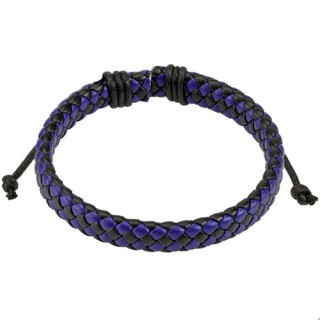 Bracelet en cuir � tressage serr� noir et bleu