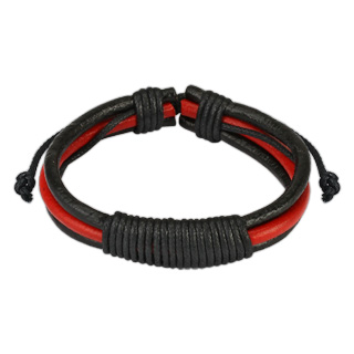 Bracelet en cuir avec lani�res noires et rouges avec cordage