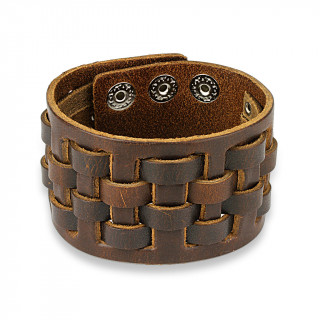 Bracelet en cuir marron aspect us� � lani�res crois�es en damier