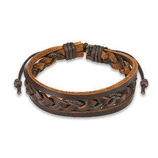 Bracelet en cuir marron avec torsade au centre et bandes lat�rales