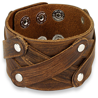 Bracelet en cuir marron us� � lani�res dispos�es en X
