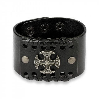 Bracelet en cuir noir travers� de lacets avec croix celtique ronde