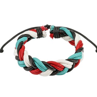 Bracelet en cuir tress� noir, turquoise, bordeau et blanc