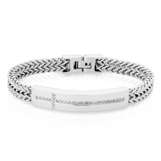Bracelet-gourmette homme en acier � maillons en V et croix de pierres