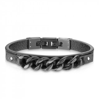 Bracelet homme � bande de cuir et maillon noirs en acier