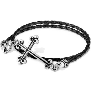 Bracelet homme � croix fleur de lys et double tresse similicuir