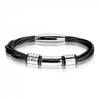 Bracelet homme � lani�res similicuir noires et cylindres inox