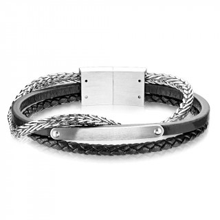 Bracelet homme � plaque, tresses de cuir et d'acier