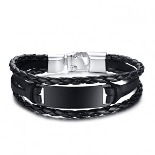 Bracelet homme � tresses de cuir et plaque m�tal noire