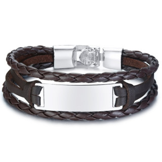 Bracelet homme � tresses de cuir marron et plaque m�tal grise