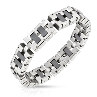 Bracelet homme en acier � gros maillons rectangulaires argent�s et noirs